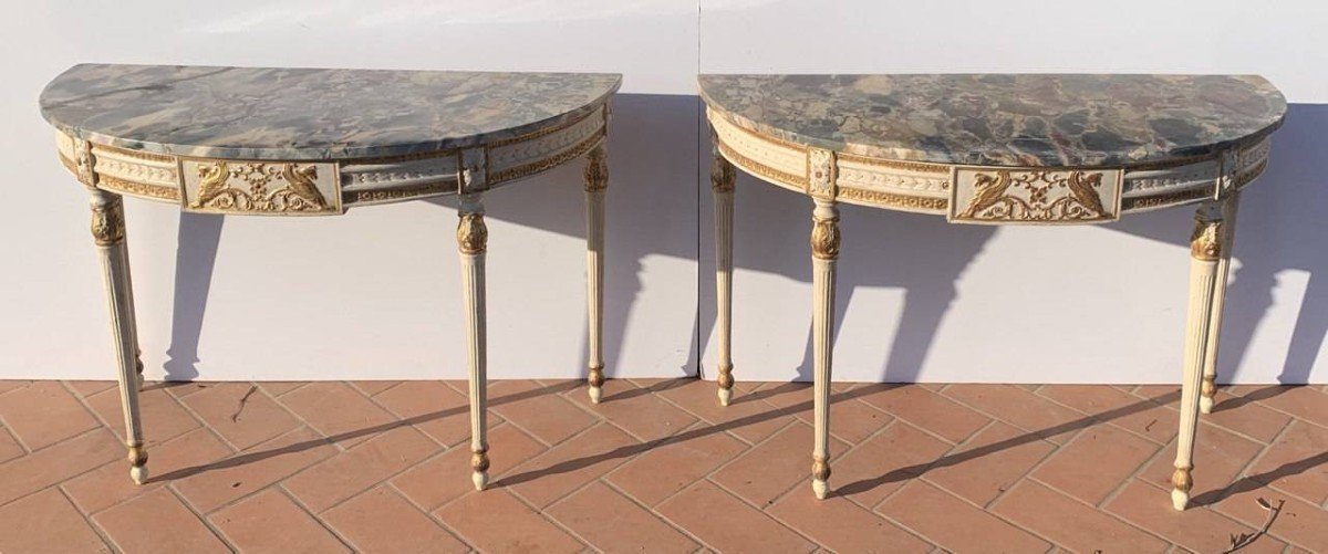 Pair Of Gilded And Painted Demi-lune Consoles. Italy, 18th-19th Century.-photo-3