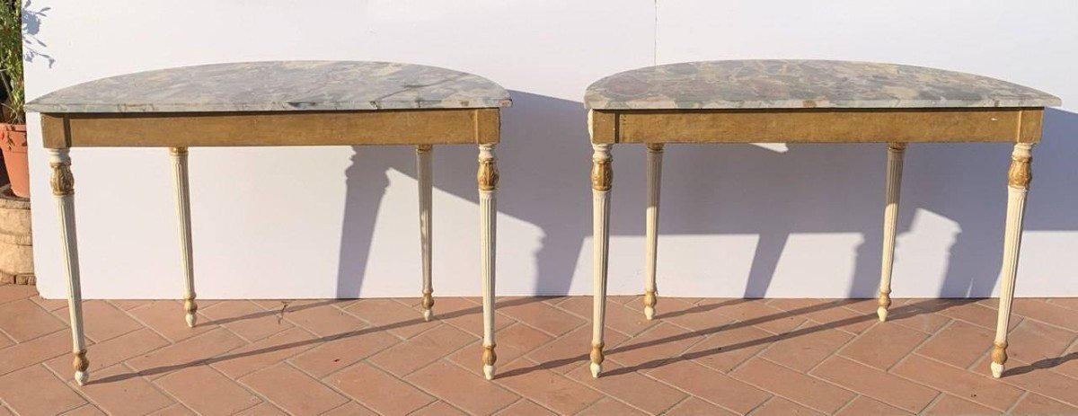 Pair Of Gilded And Painted Demi-lune Consoles. Italy, 18th-19th Century.-photo-2