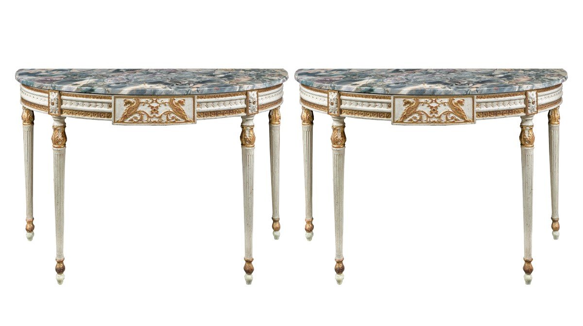 Pair Of Gilded And Painted Demi-lune Consoles. Italy, 18th-19th Century.