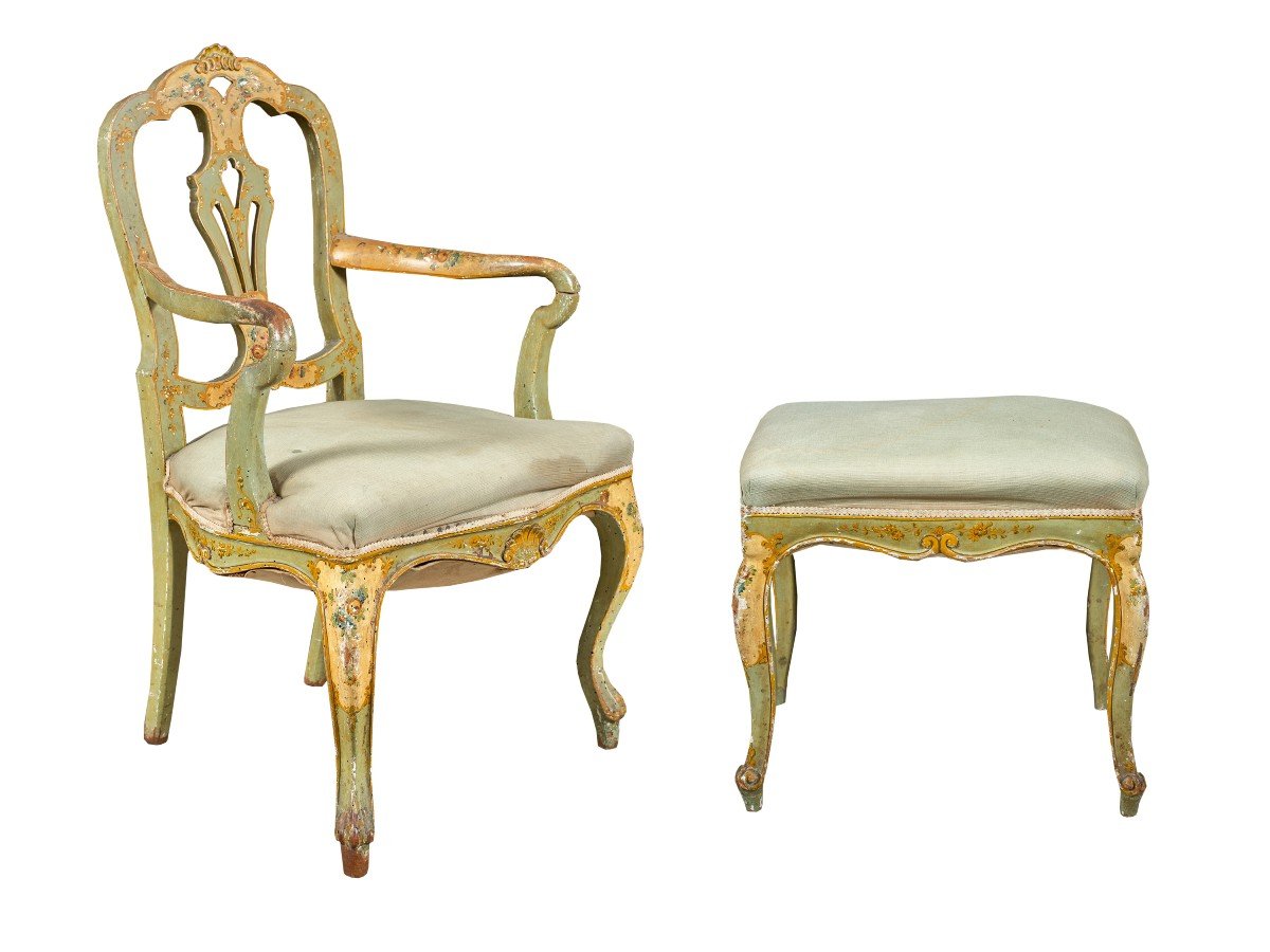 Fauteuil Et Banquette En Bois Sculpté Et Laqué. Venise, 19e-20e Siècle