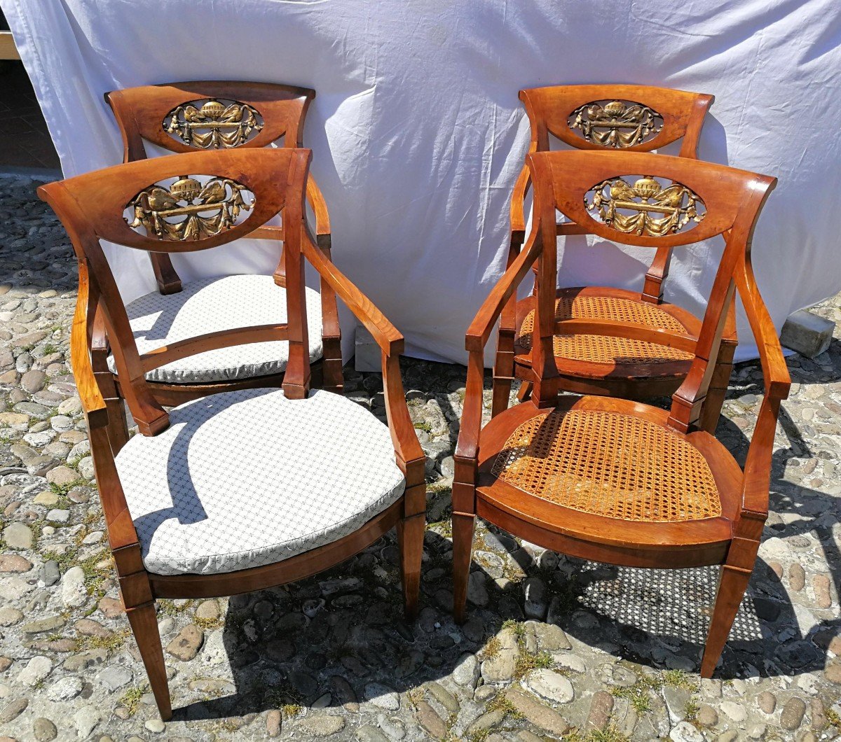 Four Armchairs In Carved And Perforated Cherry Wood. Italy, 19th Century.-photo-3