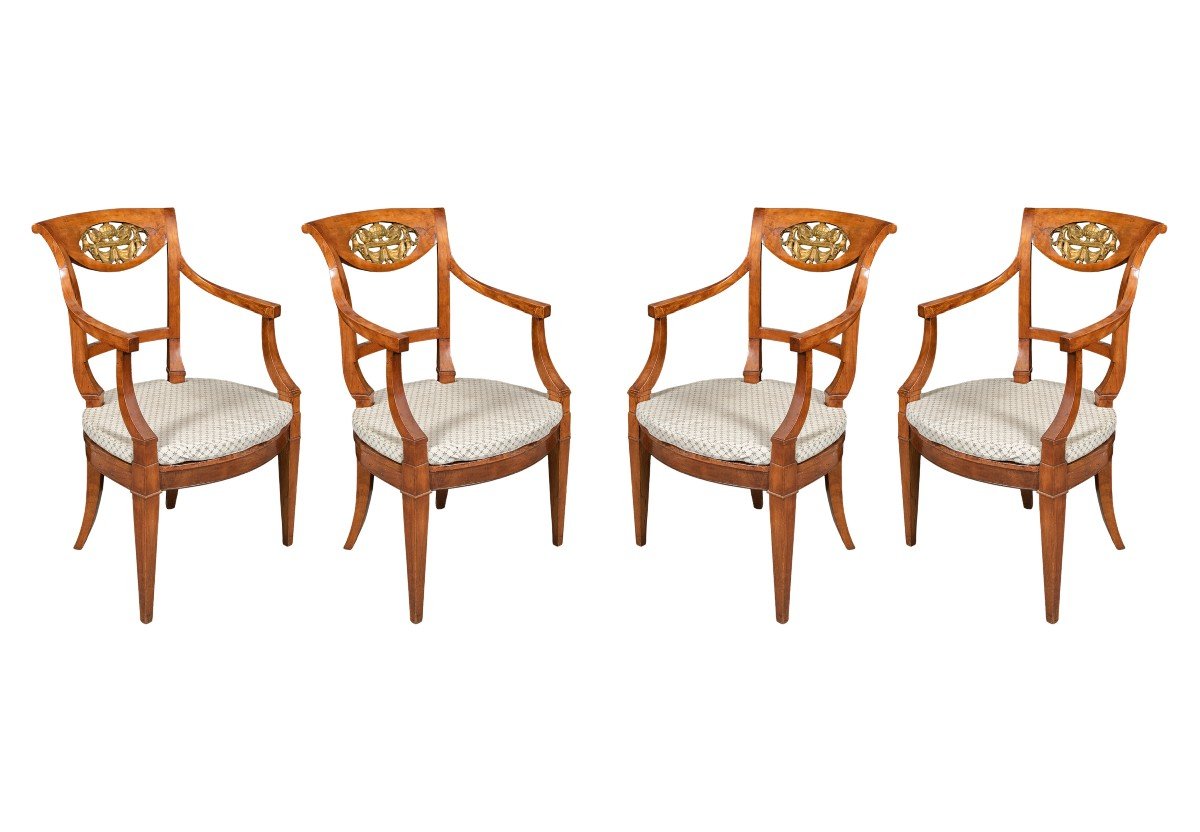 Four Armchairs In Carved And Perforated Cherry Wood. Italy, 19th Century.