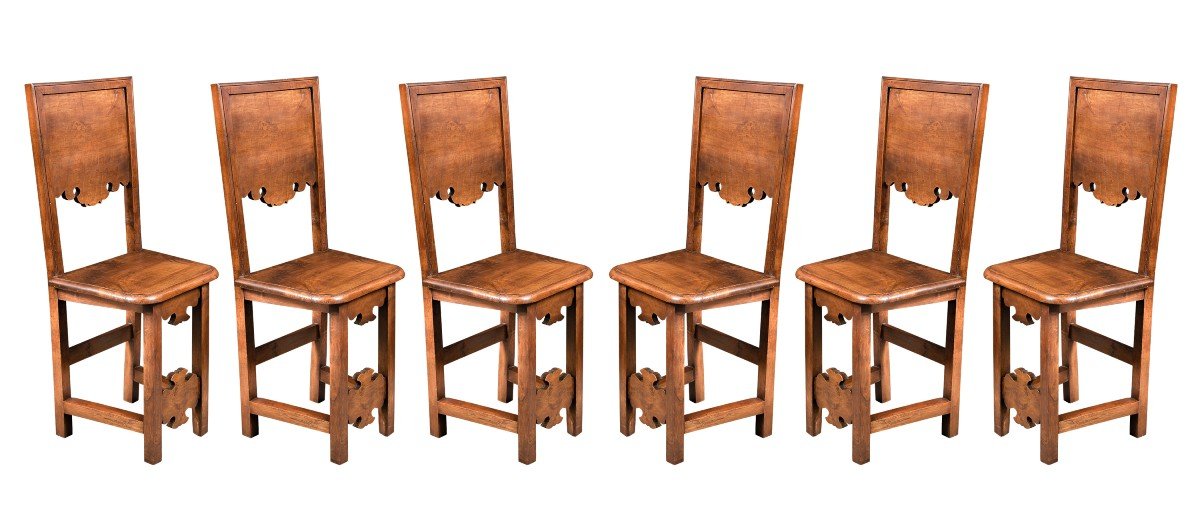 Six Refectory Chairs In Solid Walnut. Friuli, 17th Century.-photo-2