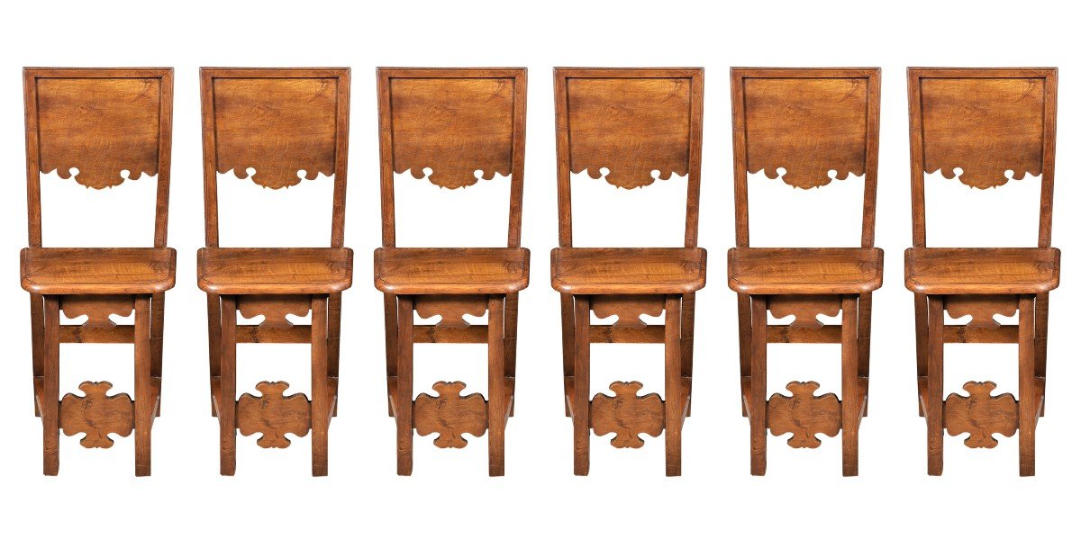 Six Refectory Chairs In Solid Walnut. Friuli, 17th Century.