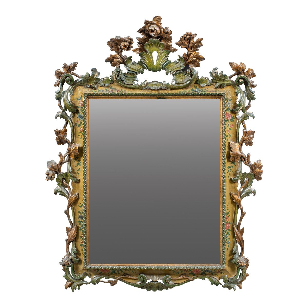 Carved, Lacquered And Painted Wooden Mirror. Venice, Late 19th Century.