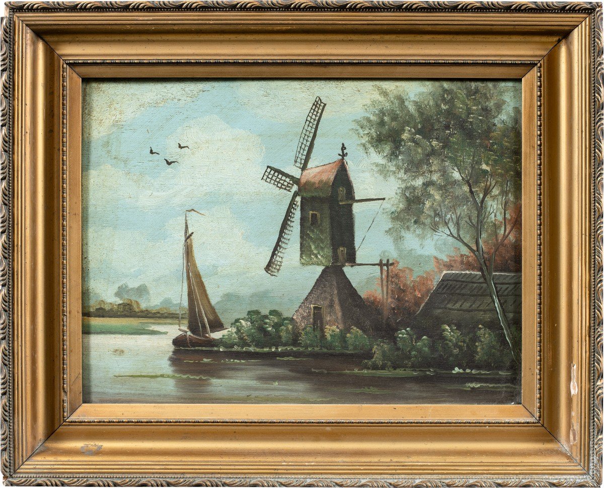 Peintre Hollandais (fin XIXème Siècle) - Paysage Avec Moulin à Vent.