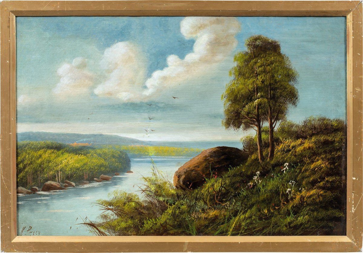 Sidney Richard Percy (britannique, 1822 - 1886) - Paysage Fluvial Avec Hirondelles En Vol.