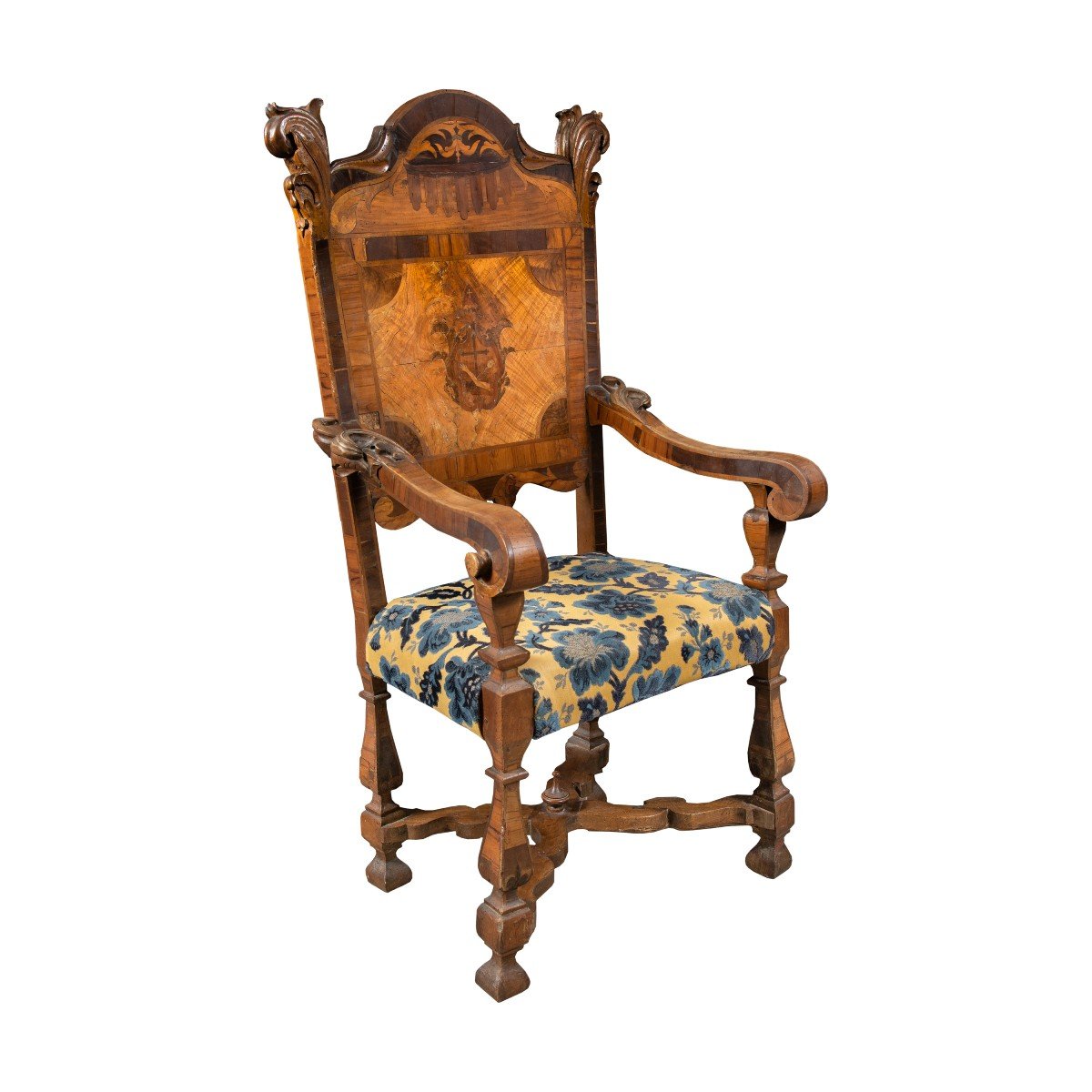 Fauteuil En Bois Sculpté, Plaqué Et Marqueté. Italie, XVIIe-xviiie Siècle.-photo-2