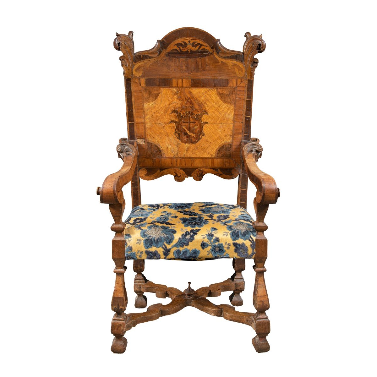 Fauteuil En Bois Sculpté, Plaqué Et Marqueté. Italie, XVIIe-xviiie Siècle.