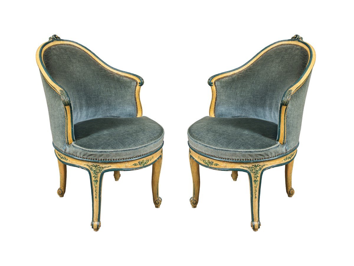 Pair Of Swivel Armchairs In Lacquered And Painted Wood. Venice, 18th Century.