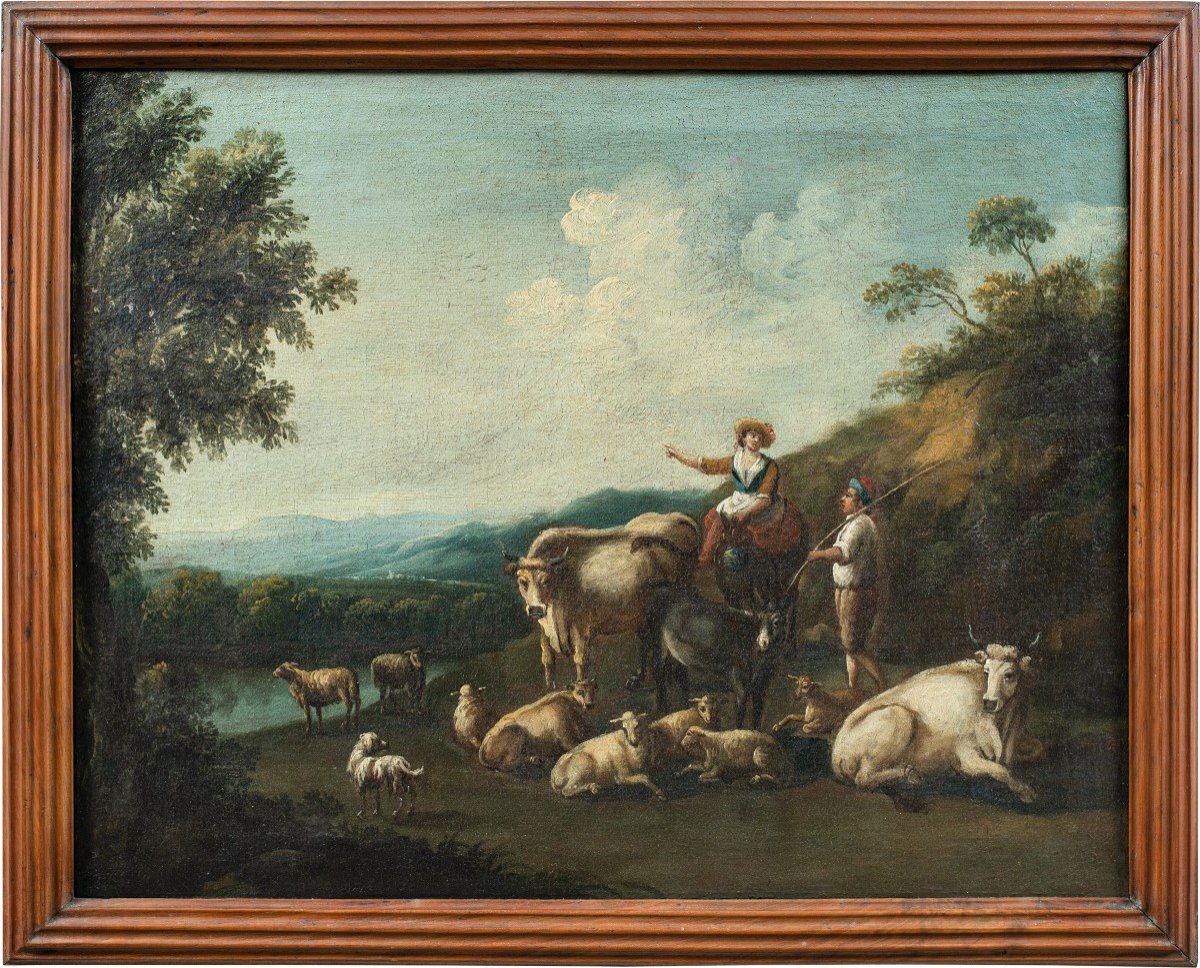 Italian Painter (18th Century) - Arcadian Landscape With Flock And Shepherds.