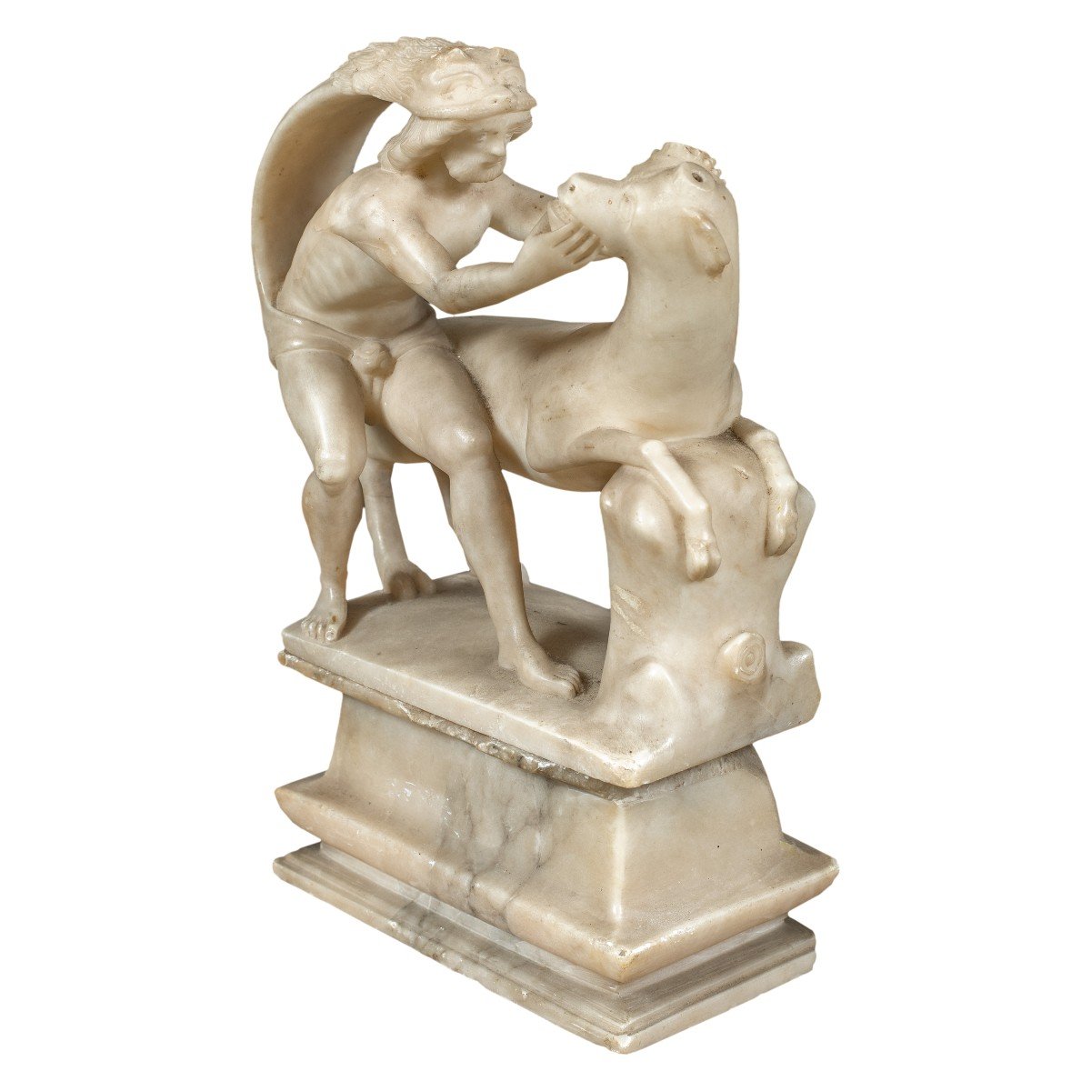 Carved Alabaster Sculpture - Hercules And The Cretan Bull. Rome, 17th Century.-photo-2