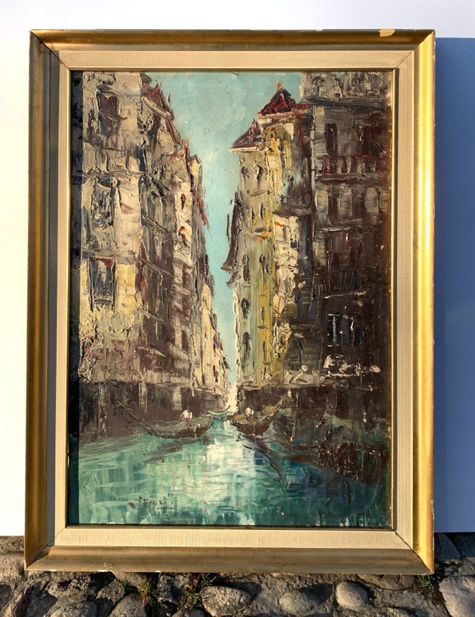 Venetian Painter (early 20th Century) - View Of Venice With Canal And Gondolas.-photo-4