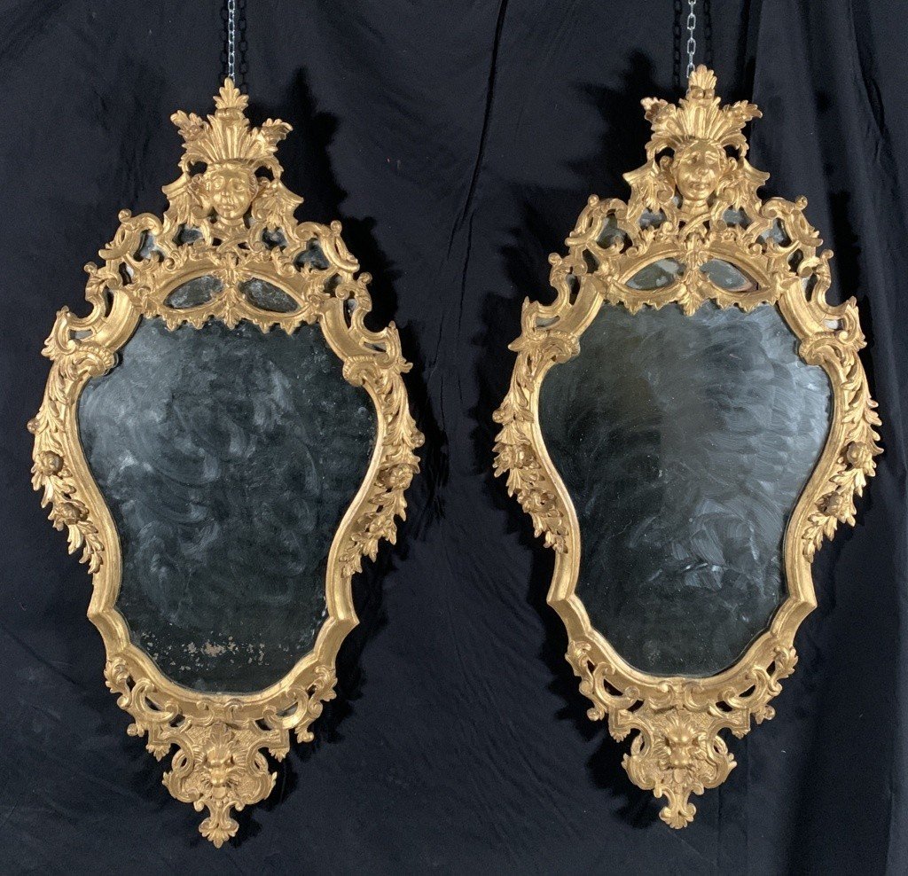 Pair Of Carved And Gilded Wooden Mirrors. Italy, 18th Century.-photo-3