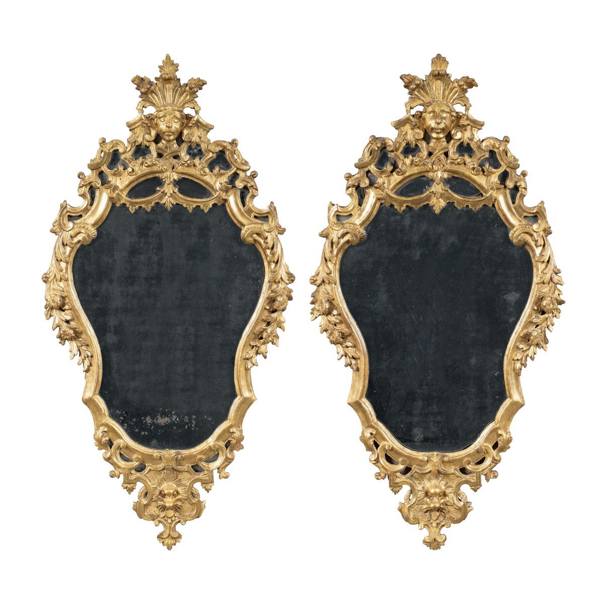 Pair Of Carved And Gilded Wooden Mirrors. Italy, 18th Century.