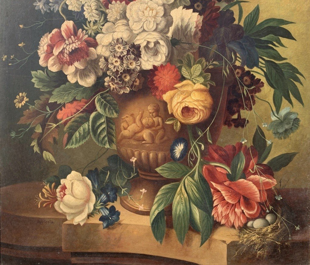 Italian Painter (19th-20th Century) - Still Life With Vase Of Flowers.-photo-1