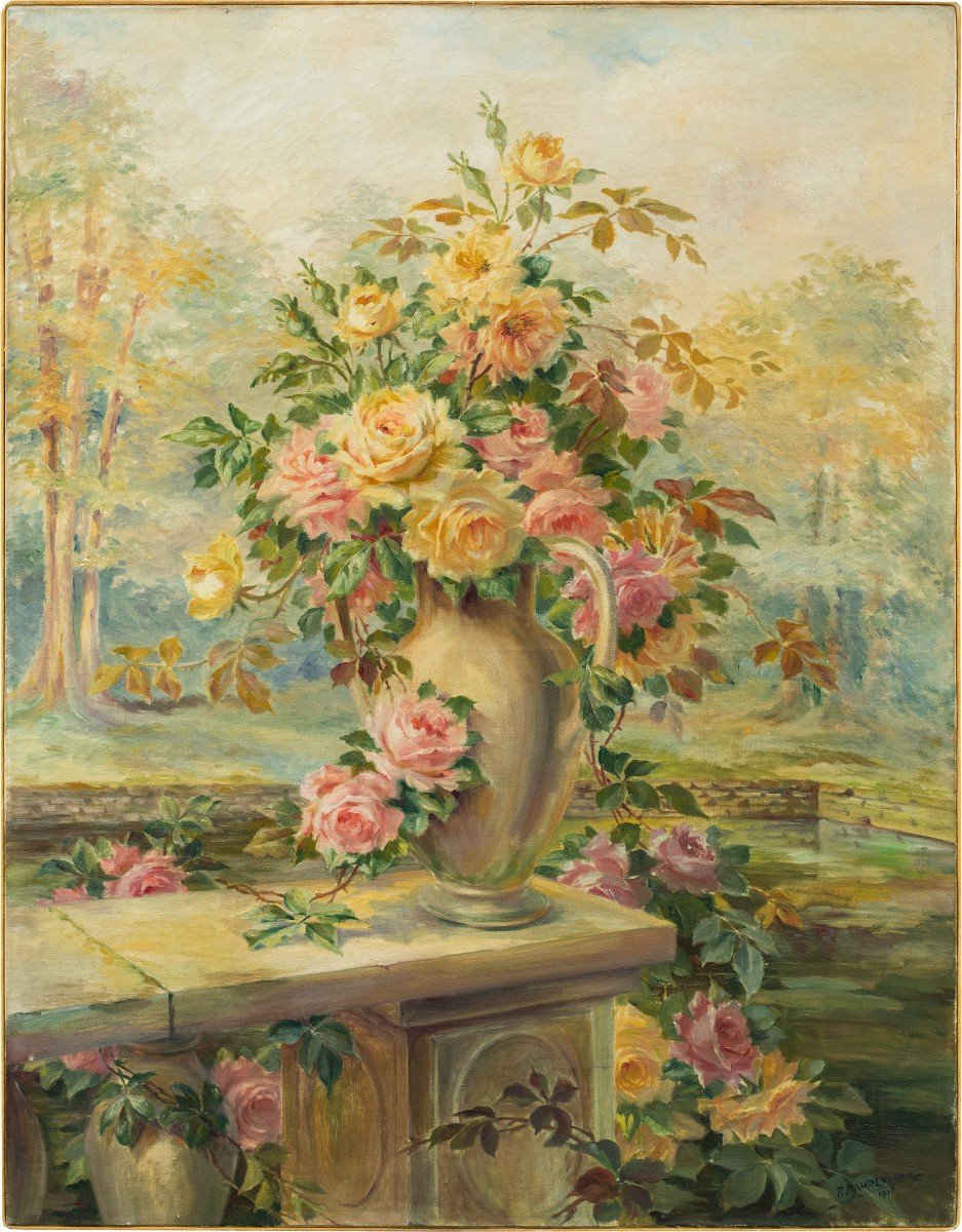 French Painter (dated 1919) - Still Life With A Vase Of Roses.