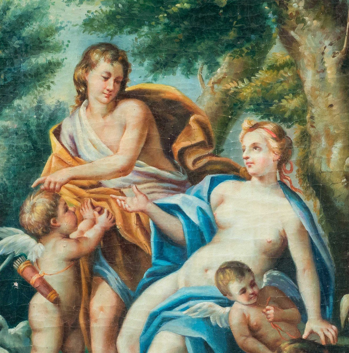 Suiveur De François Lemoyne (xix) - Scène Mythologique Avec Deux Angelots Et Des Lévriers.-photo-2