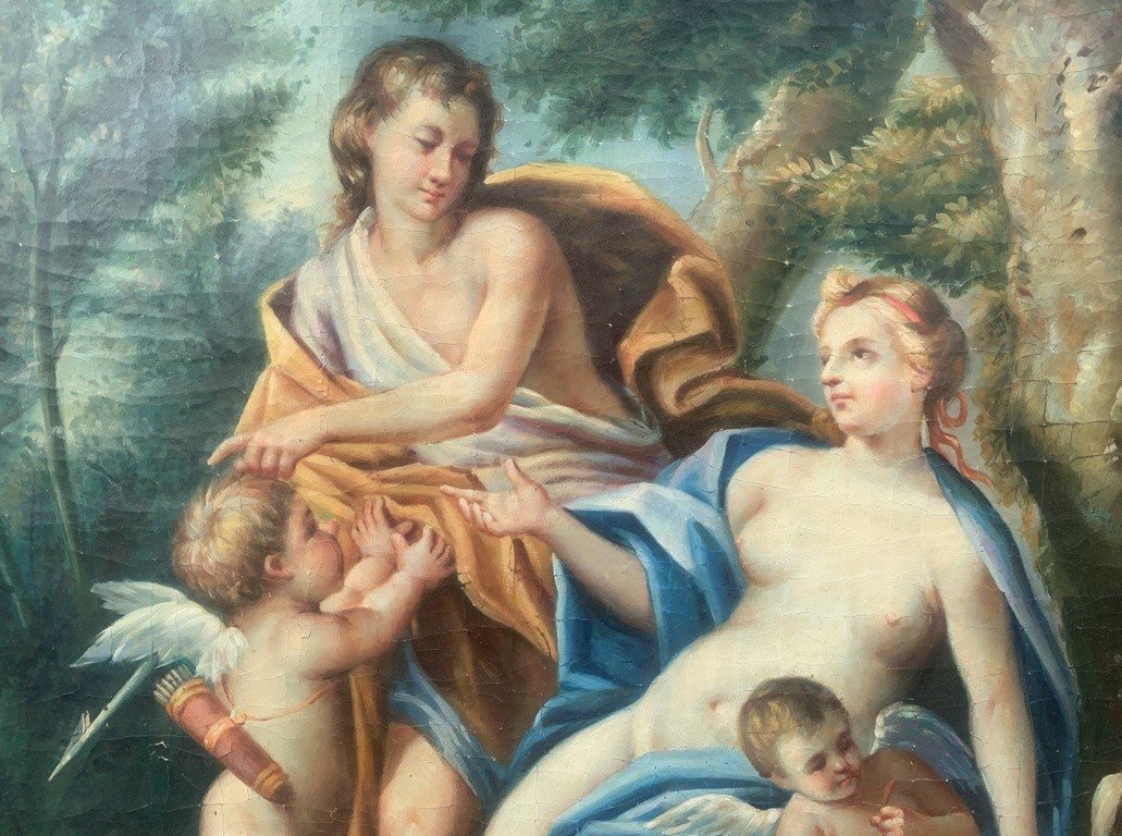 Suiveur De François Lemoyne (xix) - Scène Mythologique Avec Deux Angelots Et Des Lévriers.-photo-1