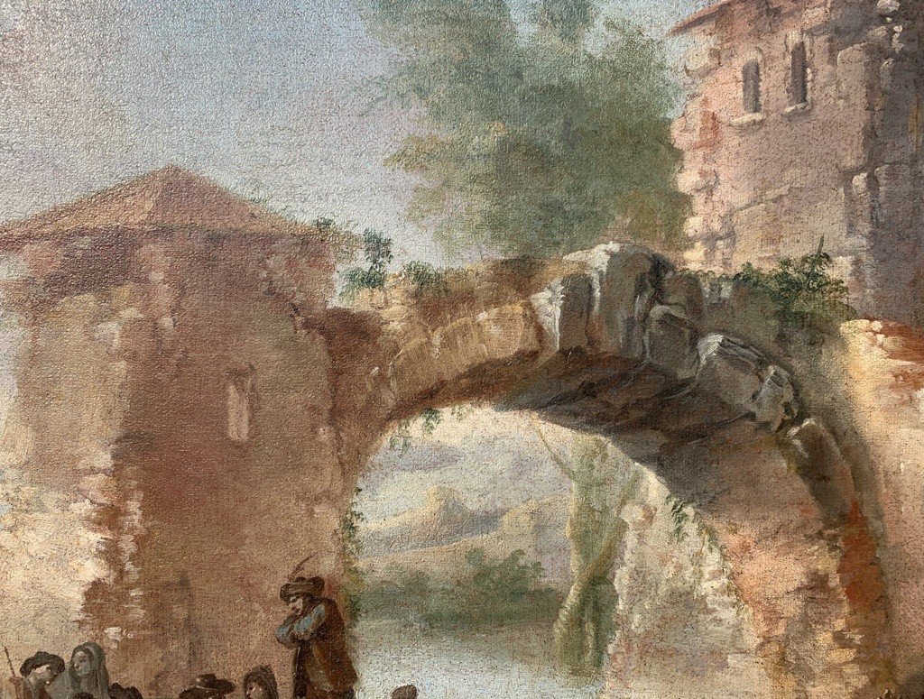 Peintre Italien (xviiie Siècle) - Paysage Avec Ruines Et Personnages.-photo-3