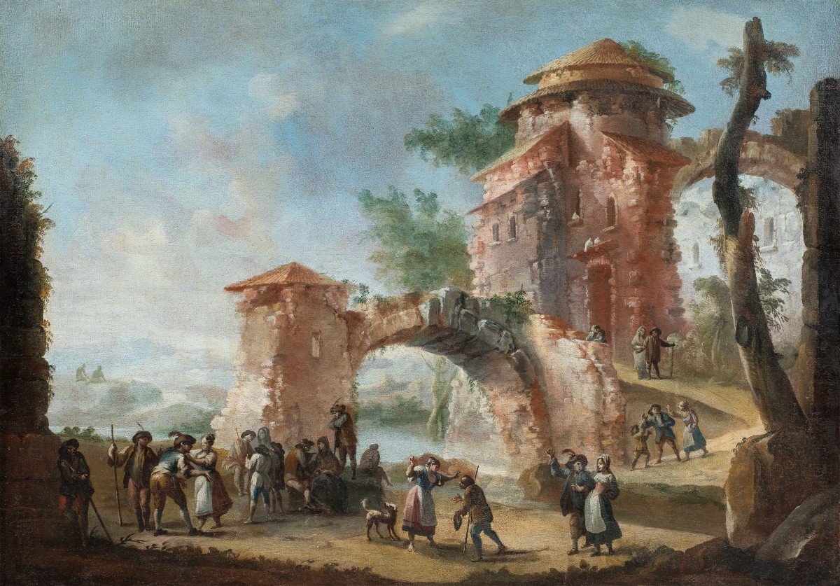 Peintre Italien (xviiie Siècle) - Paysage Avec Ruines Et Personnages.