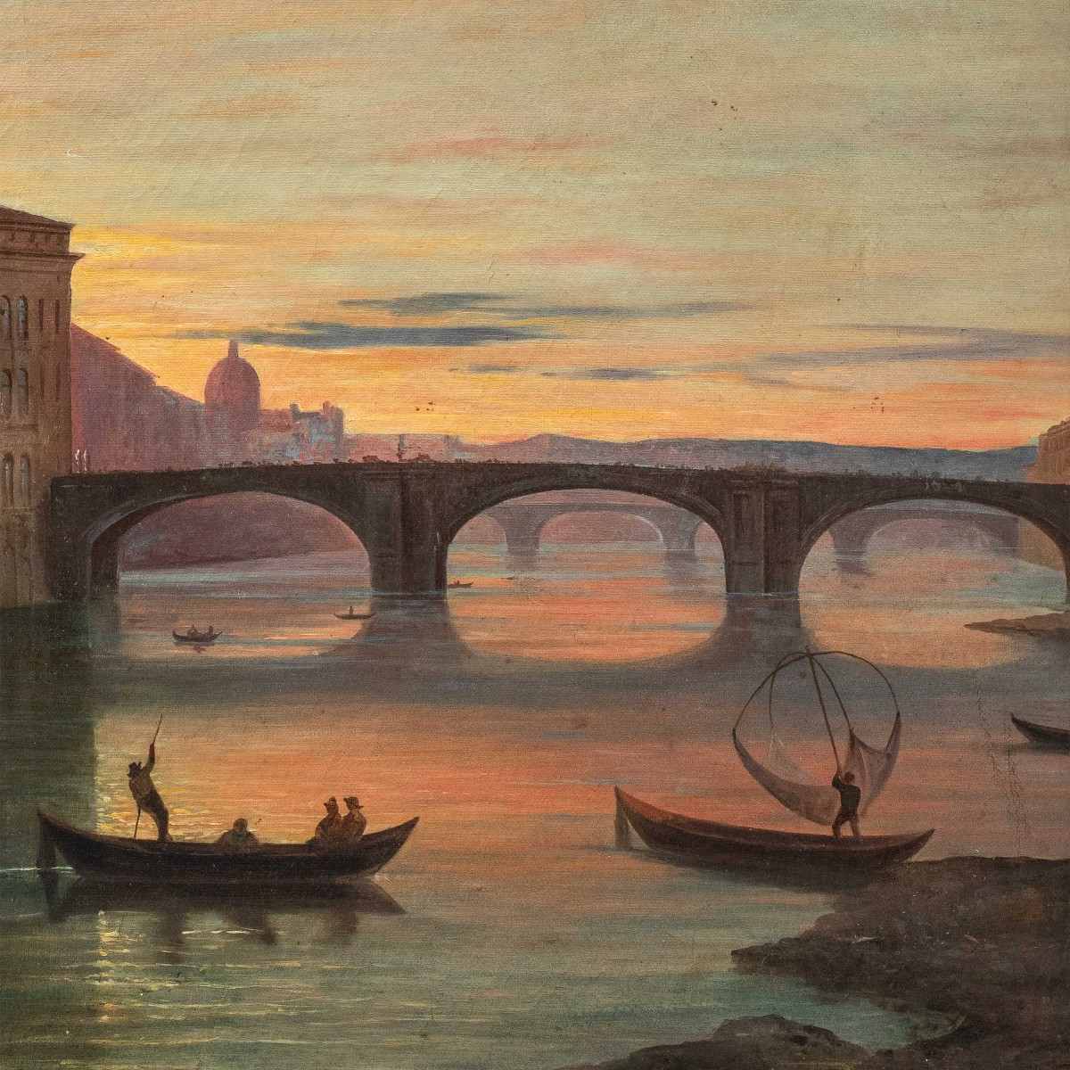 Italian Painter (19th Century) - Florence, View Of The Lungarno Near The Santa Trinita Bridge.-photo-2