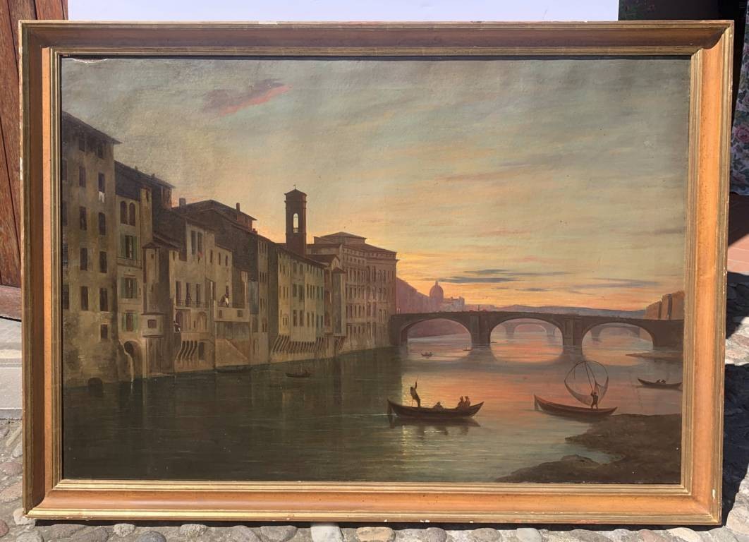 Italian Painter (19th Century) - Florence, View Of The Lungarno Near The Santa Trinita Bridge.-photo-1