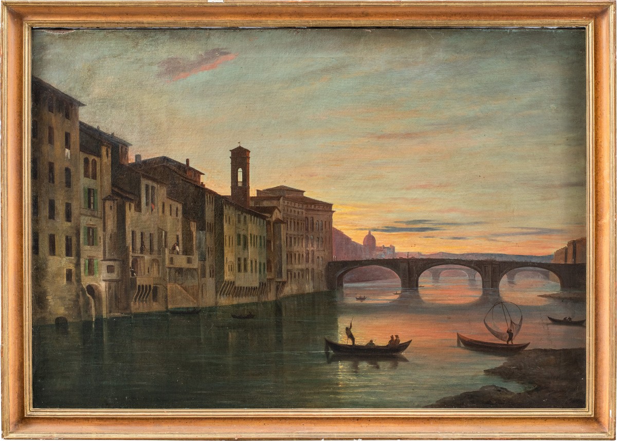 Peintre Italien (xixe Siècle) - Florence, Vue Du Lungarno Près Du Pont Santa Trinita.