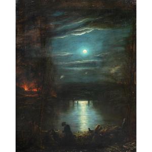 Peintre Italien (début XIXème Siècle) - Paysage Au Clair De Lune Avec Feu.