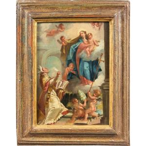 Peintre Vénitien (xviiie Siècle) - Vierge à l'Enfant, Adorant Saint Et Chérubins.