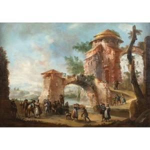 Peintre Italien (18ème Siècle) - Paysage Avec Ruines Et Personnages.
