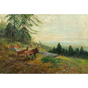 European Painter (19th Century) - Landscape With Deer.