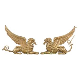 Pair Of Gilded Bronze Fireplace Andirons. France, Early 19th Century.