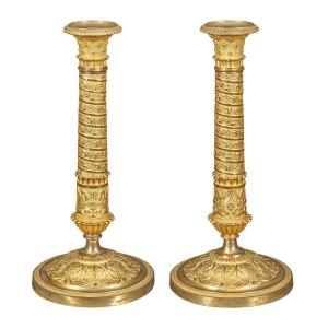 Pair Of Gilded Bronze Candlesticks. Paris, Early 19th Century.