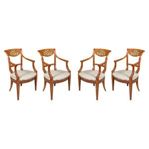 Four Armchairs In Carved And Perforated Cherry Wood. Italy, 19th Century.