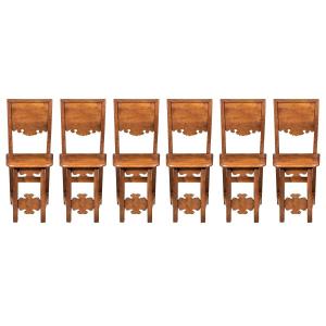 Six Refectory Chairs In Solid Walnut. Friuli, 17th Century.
