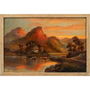 William Langton (british, 19th Century) - Lake At Sunset.