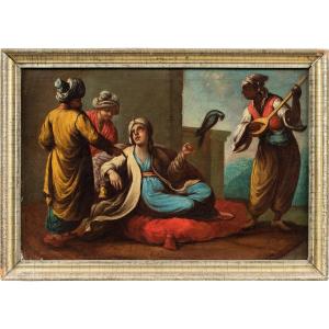 Peintre Vénitien (xviiie Siècle) - Nobles Turcs Avec Perroquet Et Joueur.