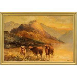 Frank Walters (british, 19th-20th Century) - Highland Cattle At The Lake.