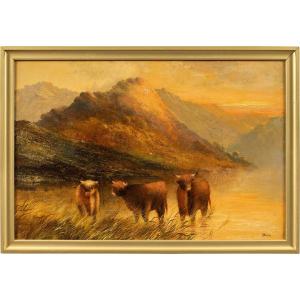 Frank Walters (british, Late 19th Century) - Highland Cattle At The Lake.