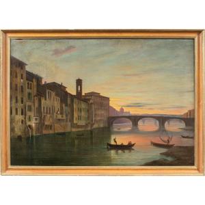 Peintre Italien (19ème Siècle) - Florence, Vue Du Lungarno Près Du Pont Santa Trinita.