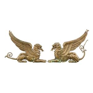 Pair Of Gilded Bronze Fireplace Andirons - France, Early 19th Century