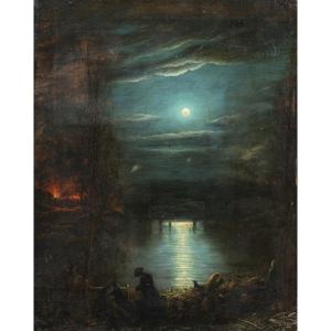 Peintre Anglais (début XIXème Siècle) - Paysage Au Clair De Lune Avec Feu.