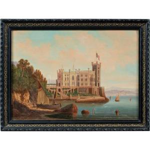 Peintre Italien (début XX Siècle) - Trieste, Vue Du Château De Miramare Avec Le Drapeau Italien