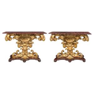 Pair Of Carved And Gilded Consoles. Rome, 18th-19th Century.