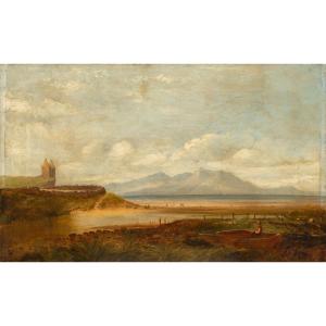 English Painter (late 19th Century) - Romantic Landscape With Fortress And Fisherman.