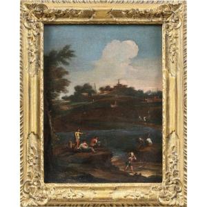 Venetian Painter (18th Century) - River Landscape With Characters.