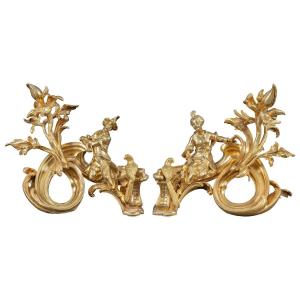 Pair Of Gilded Bronze Andirons. Paris, 19th Century.