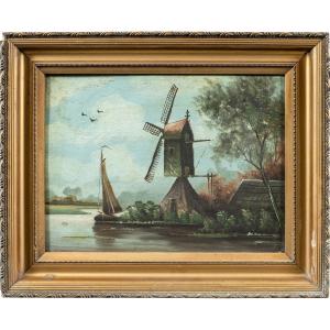 Peintre Hollandais (fin XIXème Siècle) - Paysage Avec Moulin à Vent.