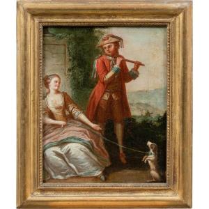 Peintre Français (18ème Siècle) - Joueur De Flûte Et Chien.